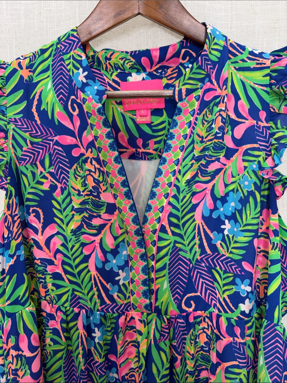 Lilly Pulitzer Sleeveless Blue & Pink Tropical Print Tiered Dress Size Large - Picture 4 of 14